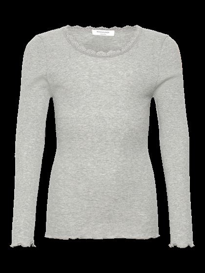 Rosemunde Rib Bluse – Grå Langærmet Blondebluse i Light Grey Melange 