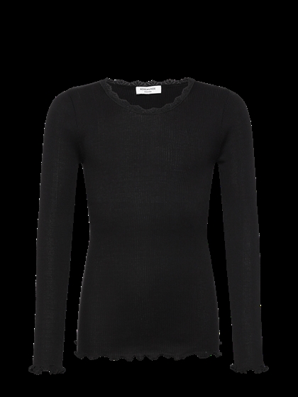 Rosemunde Rib Bluse – Sort Langærmet Blondebluse