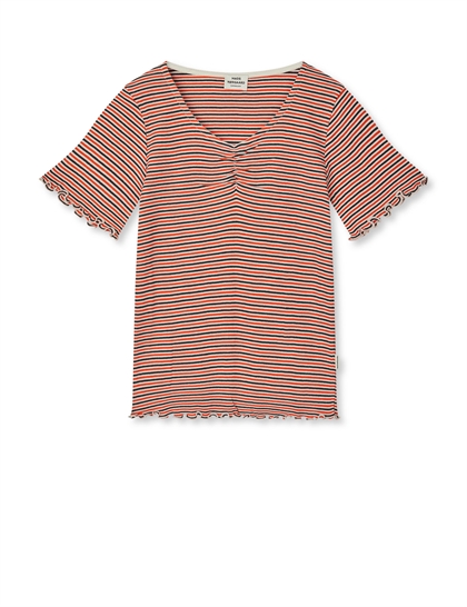 Mads Nørgaard T-shirt Stripe Tiki - Fiery Red/Vanilla Ice 
